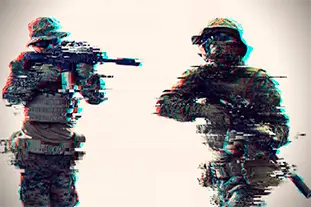 modern warfare American marines soldier aiming  on laser sight optics  in combat position and searching for target glitch effect